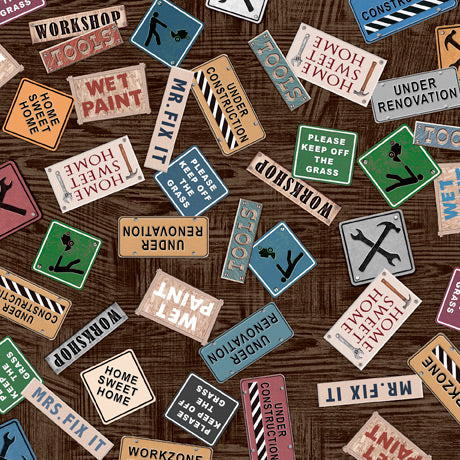 A Little Handy Cotton Print - Construction Signs on Brown