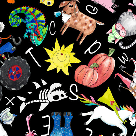 Alphabet Soup Cotton Print - Character Toss on Black