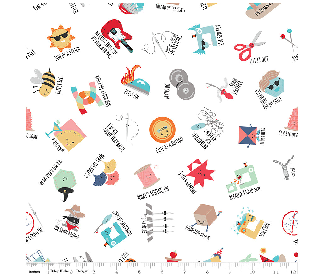 Sew Chatty Cotton Print - Pun Toss White