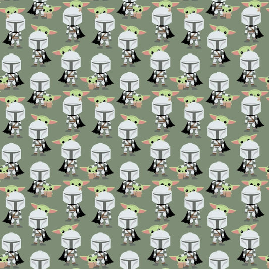 Mandalorian Cotton Print - Mando Hello Friend on Green