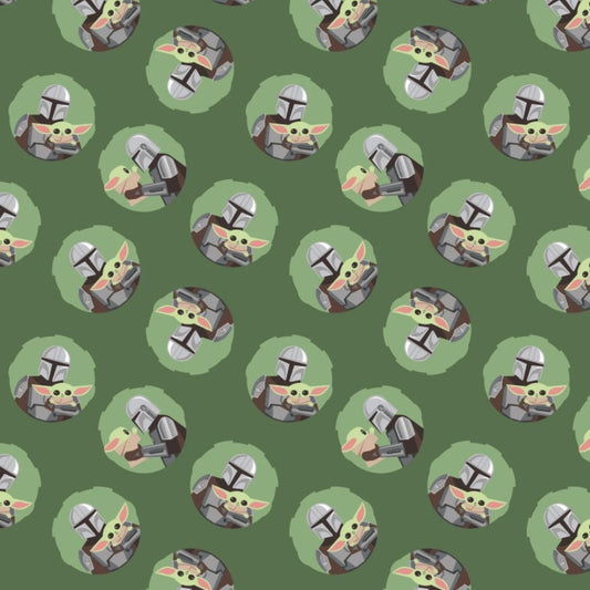 Mandalorian Cotton Print - Mando and Child Toss on Green