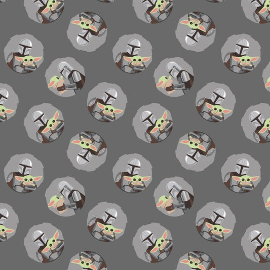 Mandalorian Cotton Print - Mando and Child Toss on Grey