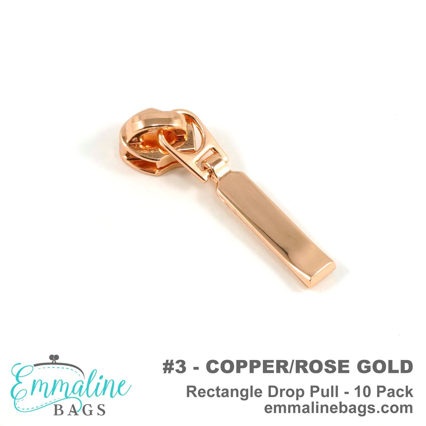 Zipper Sliders with Pulls - Size #3 - Rectangle Drop Pull/ Copper/ Rose Gold