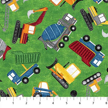 Construction Zone Fabric Collection - Tossed Vehicles Green Multi