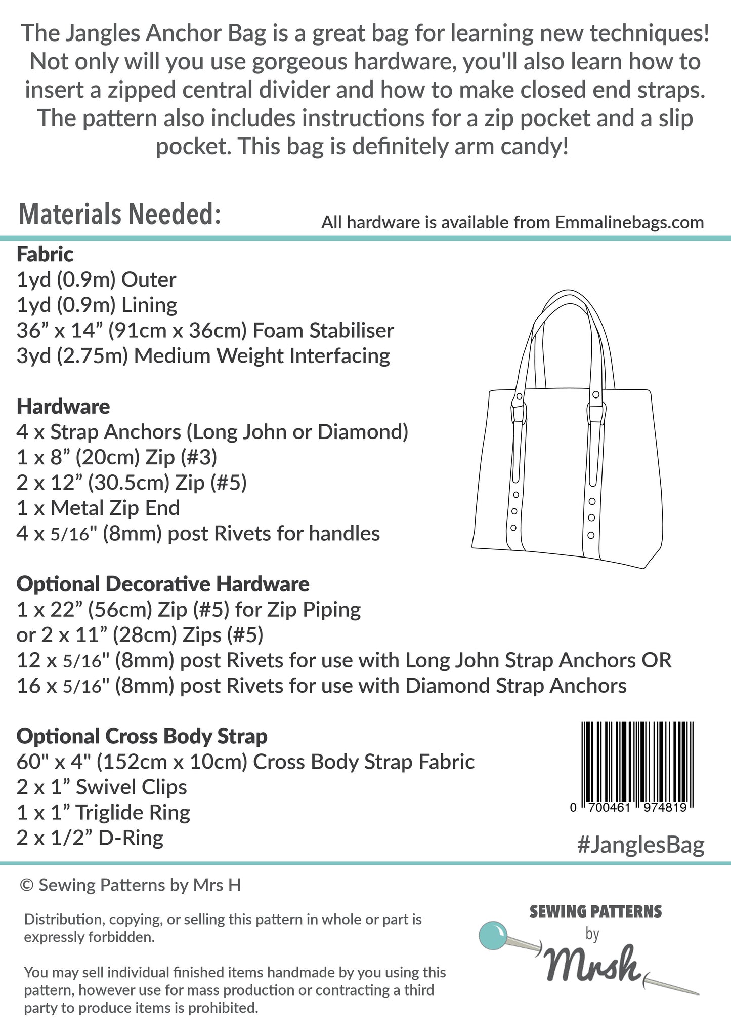 Jangles Anchor Bag - Sewing by Mrs H Bag Pattern Back