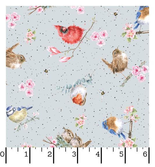 Birds on Blue - Bramble Patch Cotton Print Fabric - per half metre