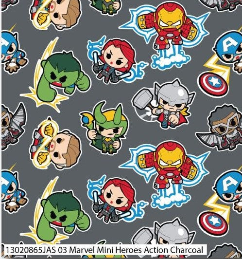 Marvel Cotton Print - Marvel Mini Heroes Action Charcoal - per