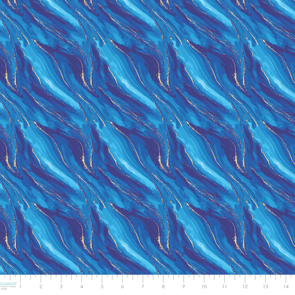 Gilded Waves on Blue - Gilded Cotton Print Fabric - per half metre