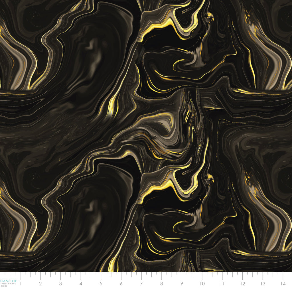 Gilded Ripples on Black - Gilded Cotton Print Fabric - per half metre