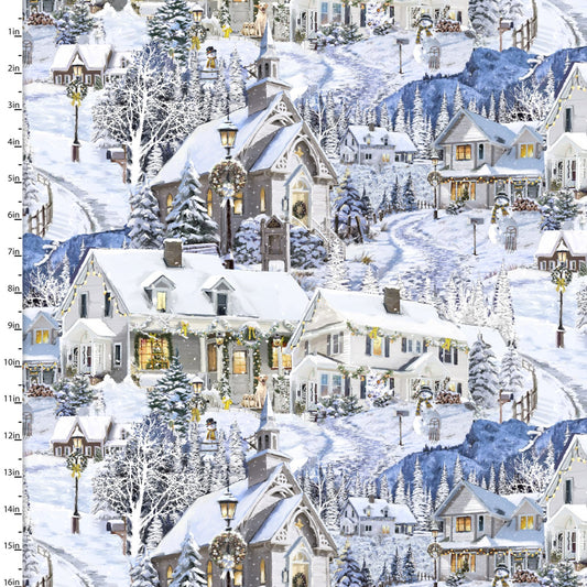 Snowy Village - Here Comes Santa Cotton Print Fabric - per half metre