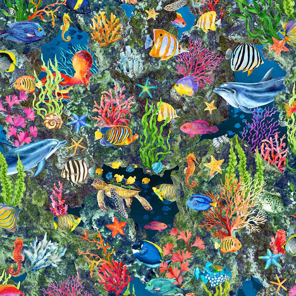 Allover Fish in Blue - Calypso II Cotton Print Fabric - per half metre