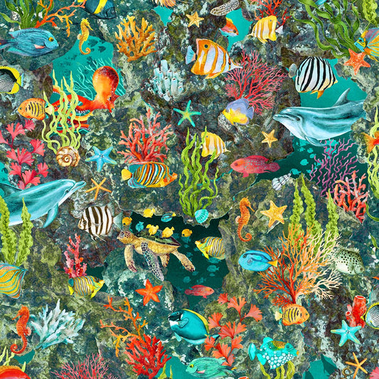 Allover Fish in Turquoise - Calypso II Cotton Print Fabric - per half metre