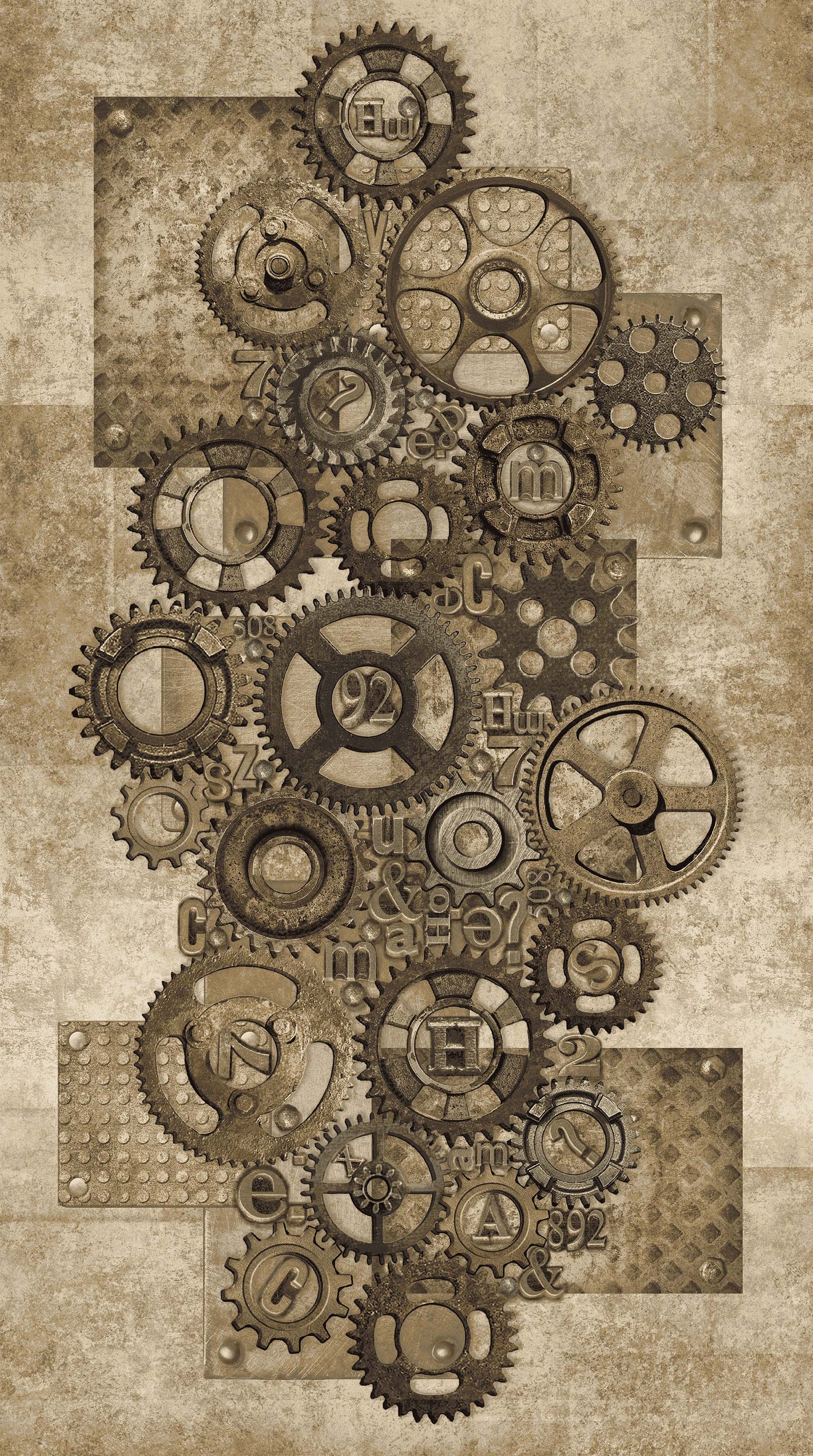 Gears Panel on Gold - Heavy Metals Cotton Print Fabric - per panel