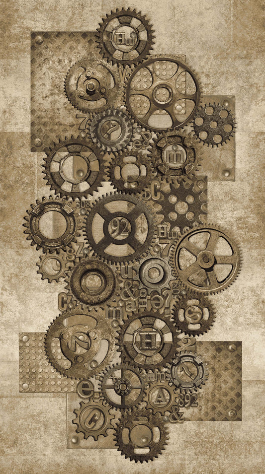 Gears Panel on Gold - Heavy Metals Cotton Print Fabric - per panel