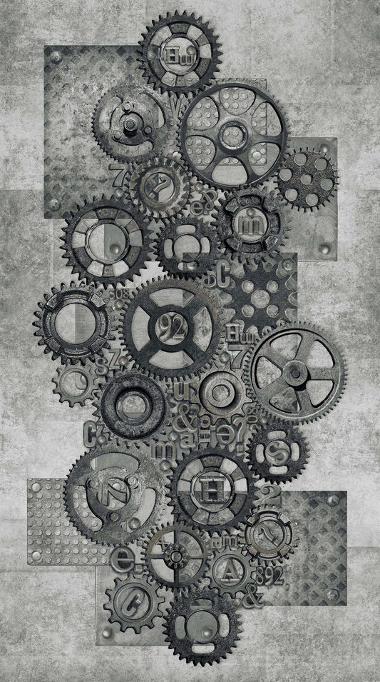 Gears Panel on Pewter - Heavy Metals Cotton Print Fabric - per panel