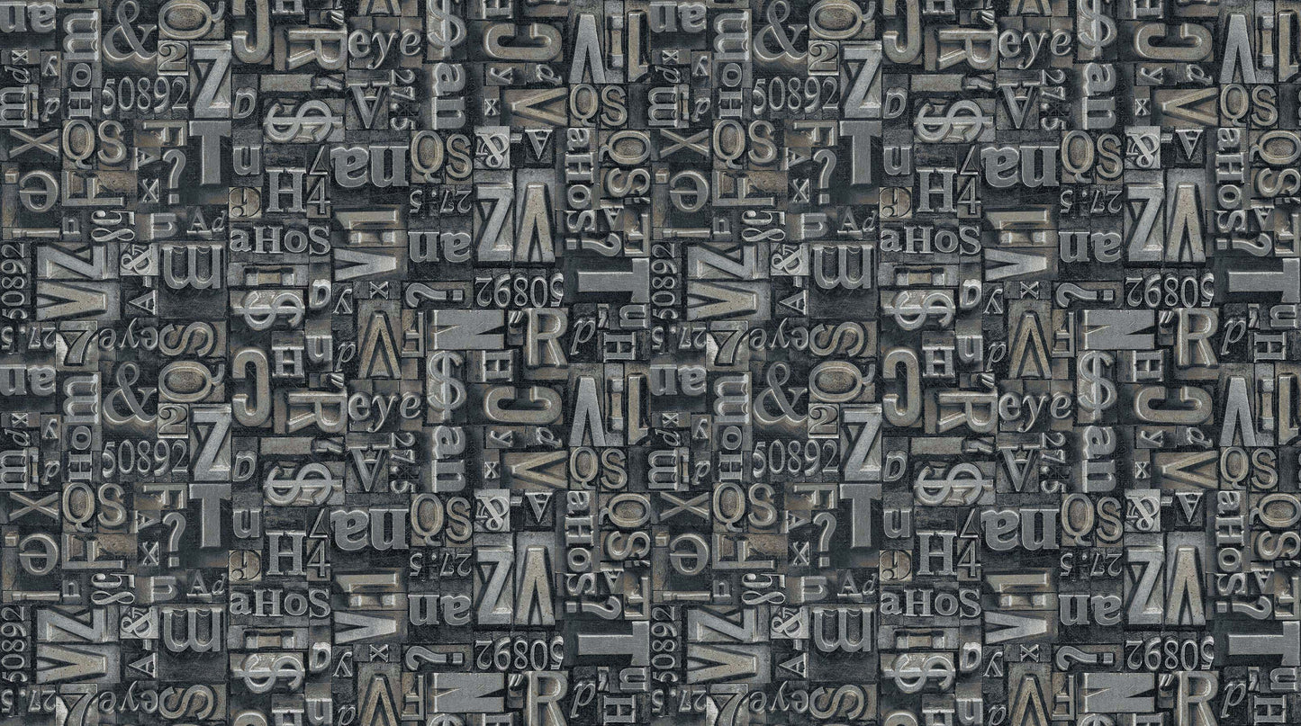 Type Set on Pewter - Heavy Metals Cotton Print Fabric - per half metre