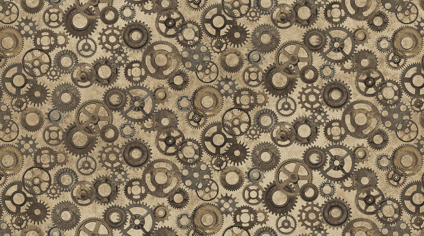 Cogs and Wheels on Gold - Heavy Metals Cotton Print Fabric - per half metre