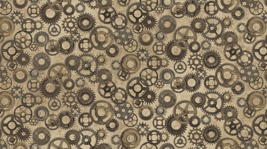 Cogs and Wheels on Gold - Heavy Metals Cotton Print Fabric - per half metre