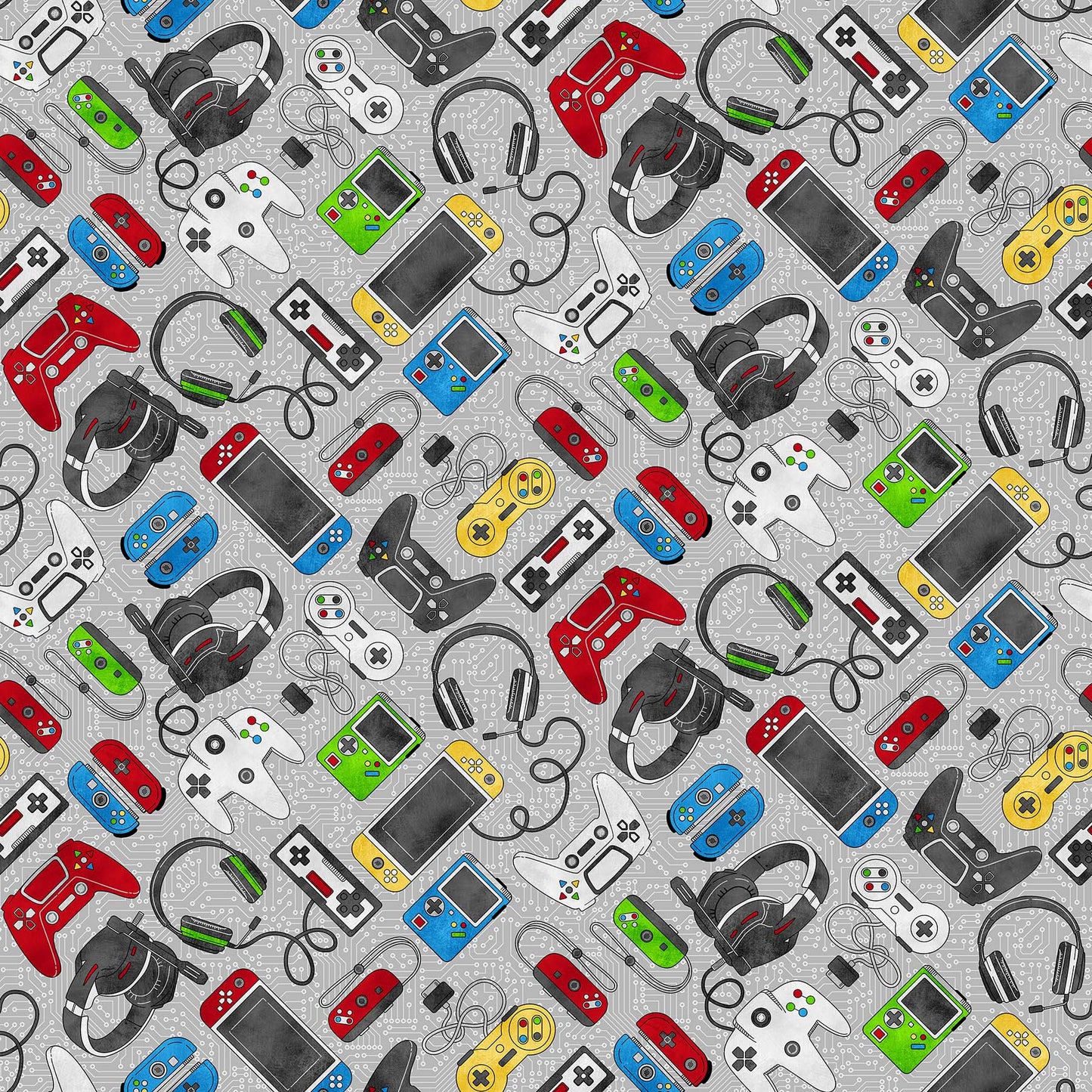 Gaming Controllers on Grey Multi - Gaming Zone Cotton Print Fabric - per half metre