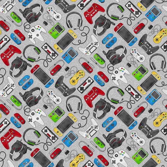 Gaming Controllers on Grey Multi - Gaming Zone Cotton Print Fabric - per half metre