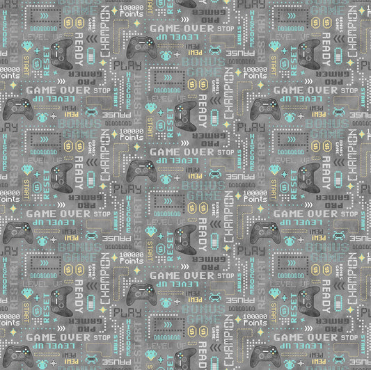 Gaming Words on Grey Multi - Gaming Zone Cotton Print Fabric - per half metre