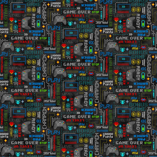 Gaming Words on Black Multi - Gaming Zone Cotton Print Fabric - per half metre