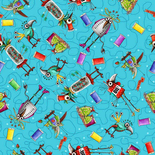 Steampunk Stitchery Toss on Blue - Steampunk Stitchery Cotton Print Fabric - per half metre