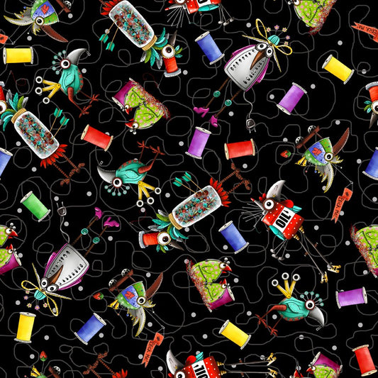 Steampunk Stitchery Toss on Black - Steampunk Stitchery Cotton Print Fabric - per half metre