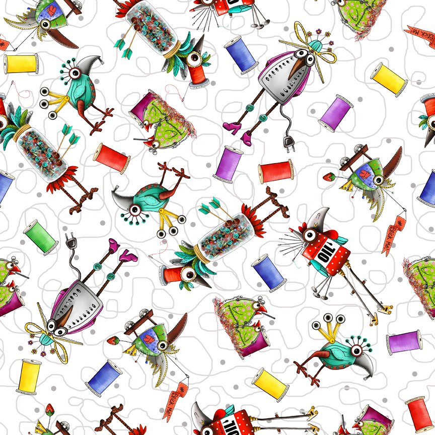 Steampunk Stitchery Toss on White - Steampunk Stitchery Cotton Print Fabric - per half metre