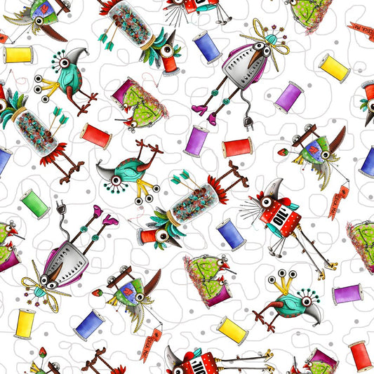 Steampunk Stitchery Toss on White - Steampunk Stitchery Cotton Print Fabric - per half metre