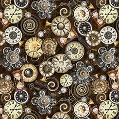 Clock Toss on Brown - Steampunk Adventures Cotton Print Fabric - per half metre