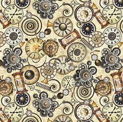 Clock Toss on Cream - Steampunk Adventures Cotton Print Fabric - per half metre