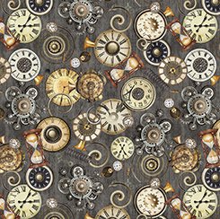 Clock Toss on Grey - Steampunk Adventures Cotton Print Fabric - per half metre