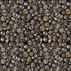 Gears on Black - Steampunk Adventures Cotton Print Fabric - per half metre