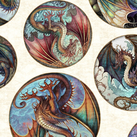 Dragon Round Picture Patches on Cream - Dragon Fyre Cotton Print Fabric - per half metre