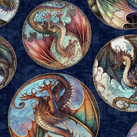 Dragon Round Picture Patches on Navy - Dragon Fyre Cotton Print Fabric - per half metre