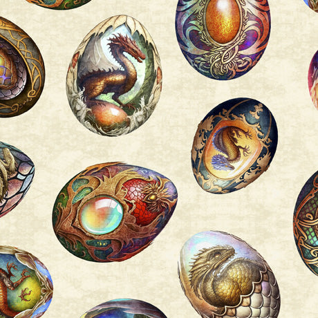 Dragon Eggs on Cream - Dragon Fyre Cotton Print Fabric - per half metre