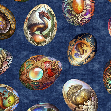 Dragon Eggs on Blue - Dragon Fyre Cotton Print Fabric - per half metre