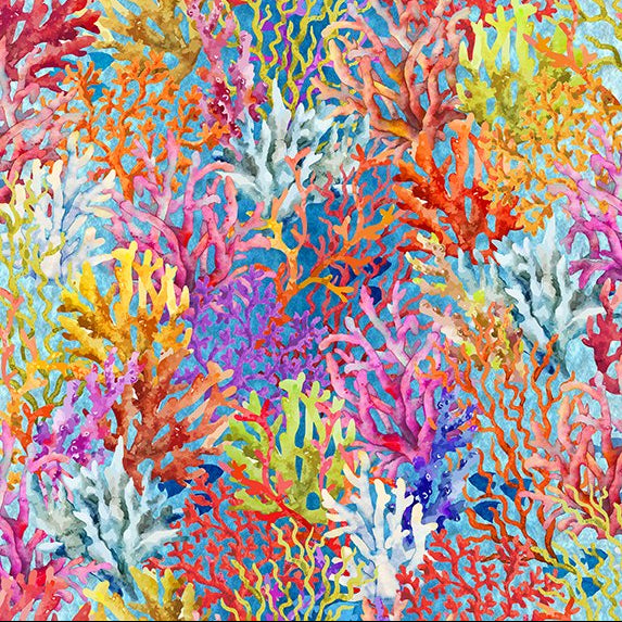 Multi Coloured Coral on Blue - Calypso II Cotton Print Fabric - per half metre
