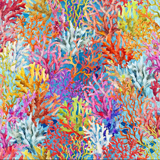 Multi Coloured Coral on Blue - Calypso II Cotton Print Fabric - per half metre