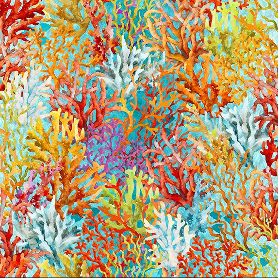 Multi Coloured Coral on Turquoise - Calypso II Cotton Print Fabric - per half metre