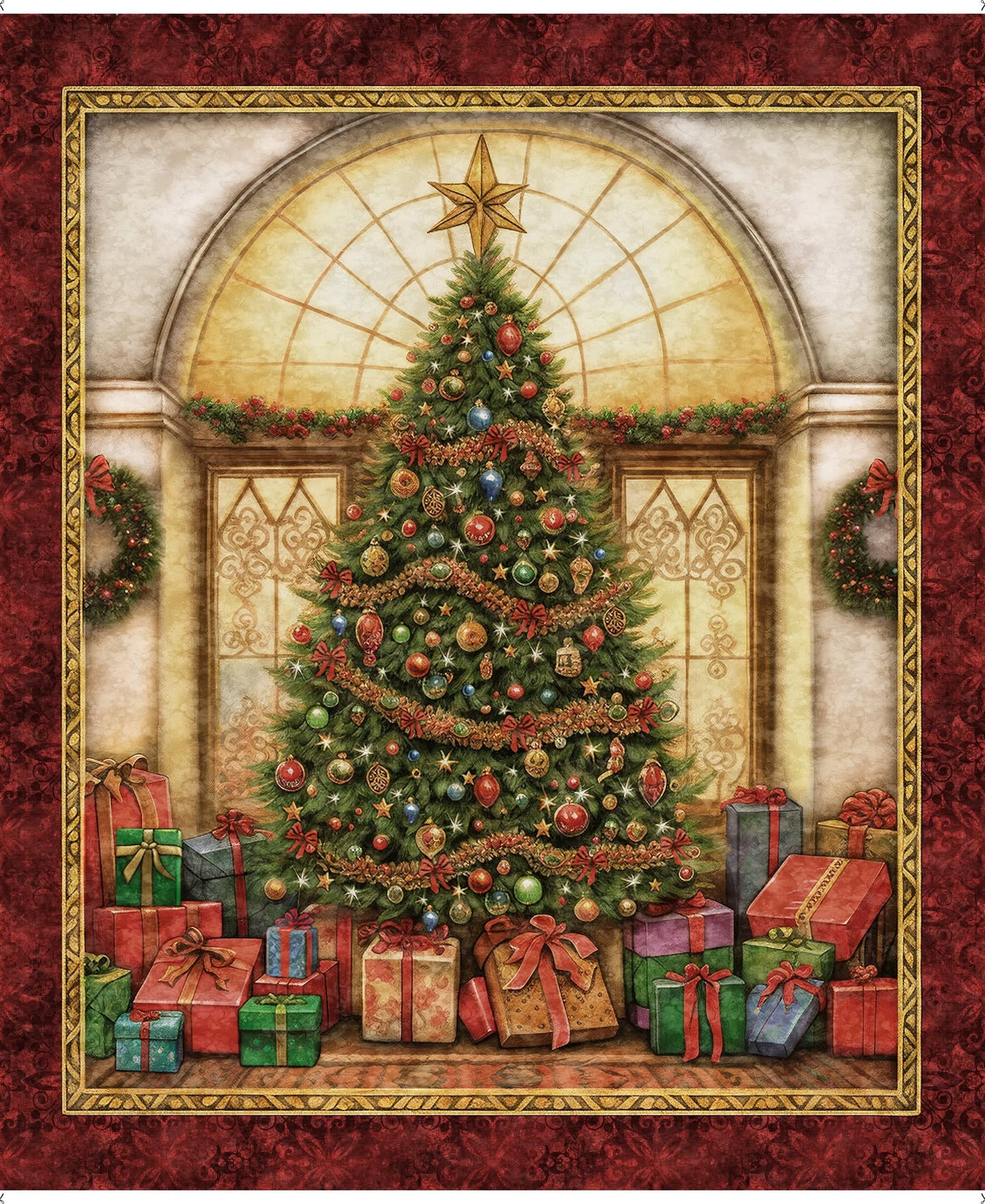 Christmas Tree Panel - Wonderful Christmastime Cotton Print Fabric - per panel