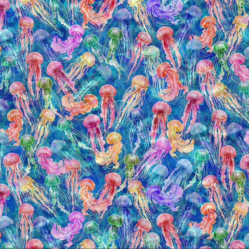 Jellyfish on Blue - Calypso II Cotton Print Fabric - per half metre