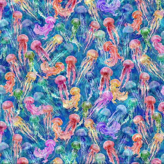 Jellyfish on Blue - Calypso II Cotton Print Fabric - per half metre