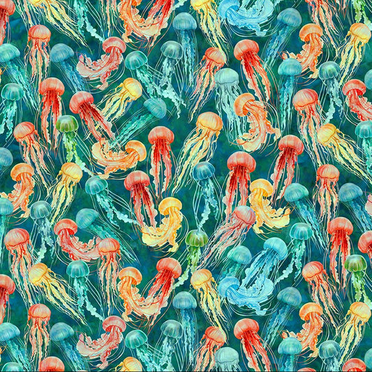 Jellyfish on Turquoise - Calypso II Cotton Print Fabric - per half metre