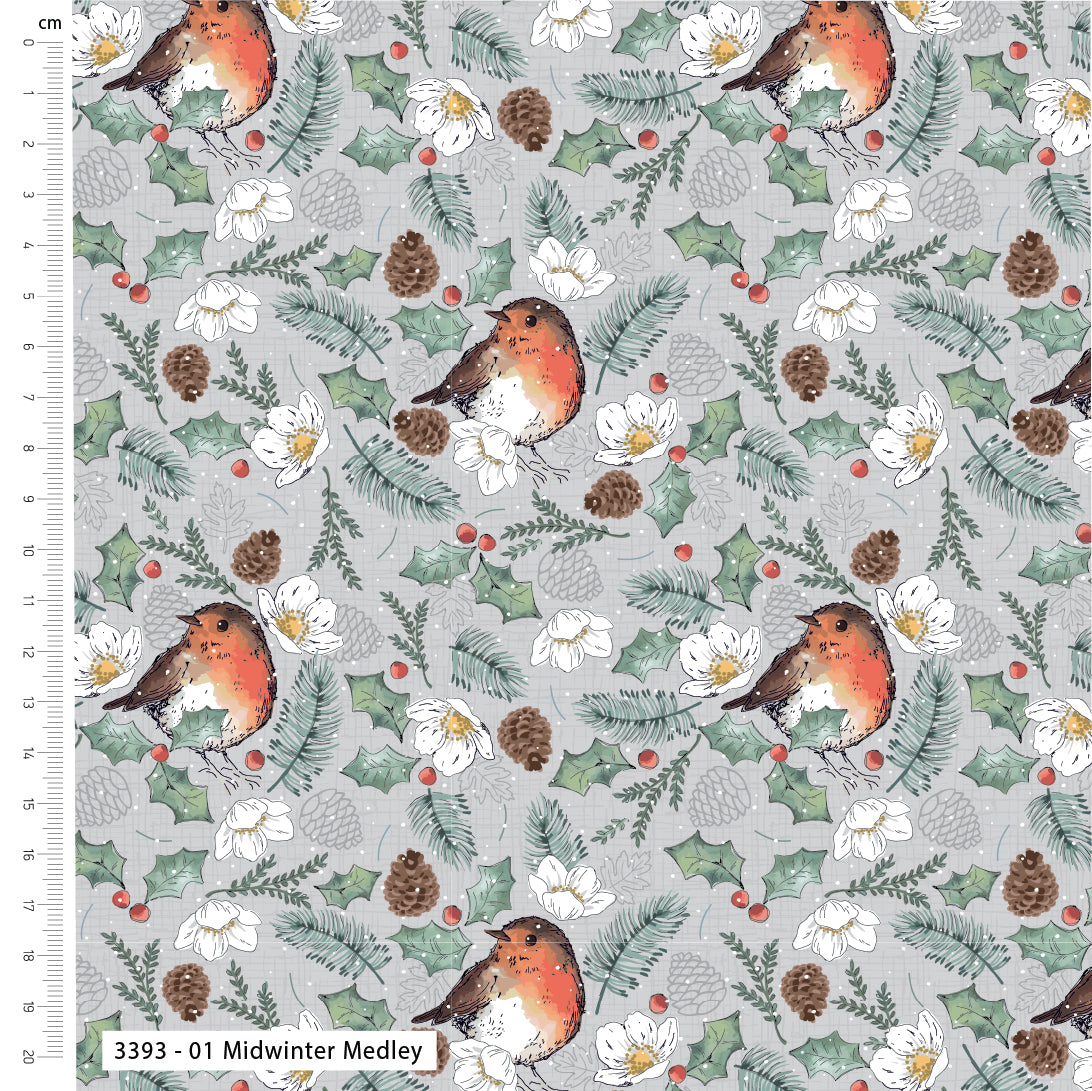 Midwinter Medley - Little Red Robin Cotton Print Fabric - per half metre