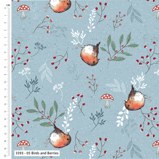 Birds and Berries - Little Red Robin Cotton Print Fabric - per half metre