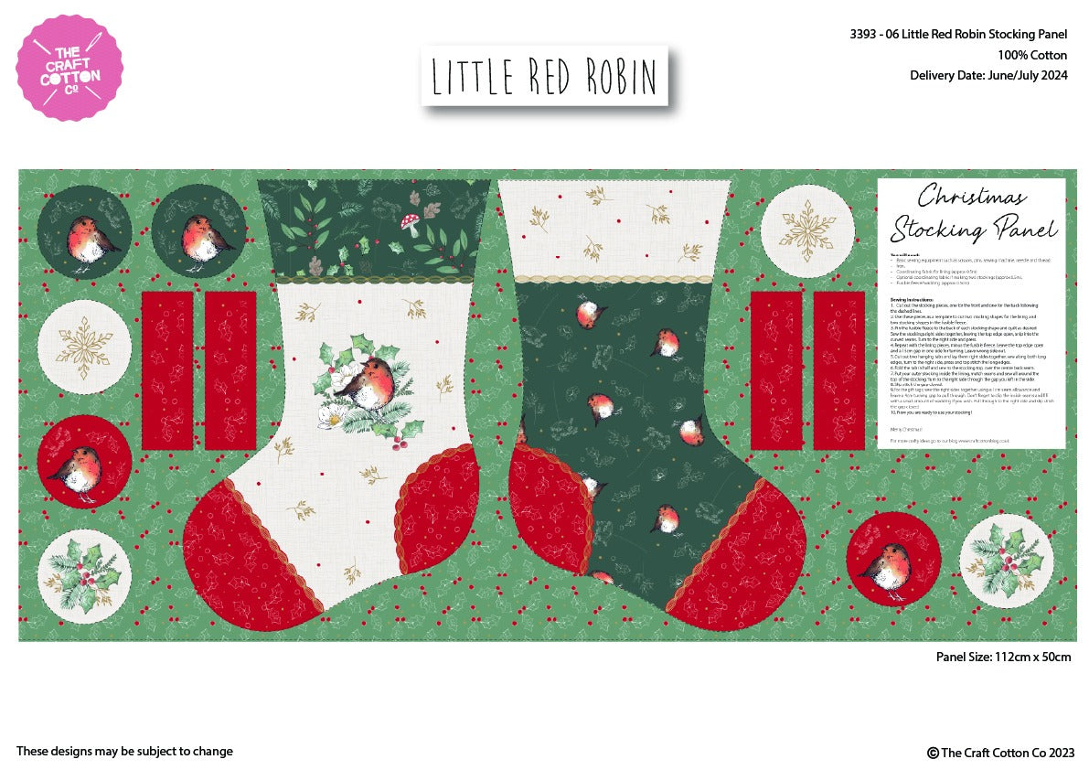 Christmas Stocking Panel - Little Red Robin Cotton Print Fabric - per panel