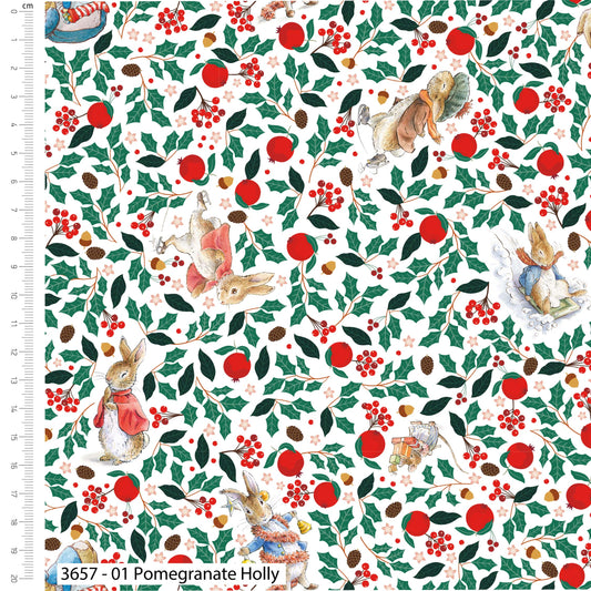 Pomegranate Holly - Christmas Orchard - Peter Rabbit Cotton Print Fabric - per half metre