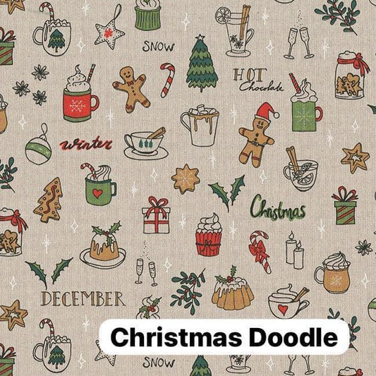 Linen Look Canvas - Christmas Doodle - per half metre